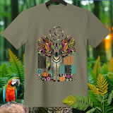 T-shirt with a zebra graphic, crescent moon, bats, and text 