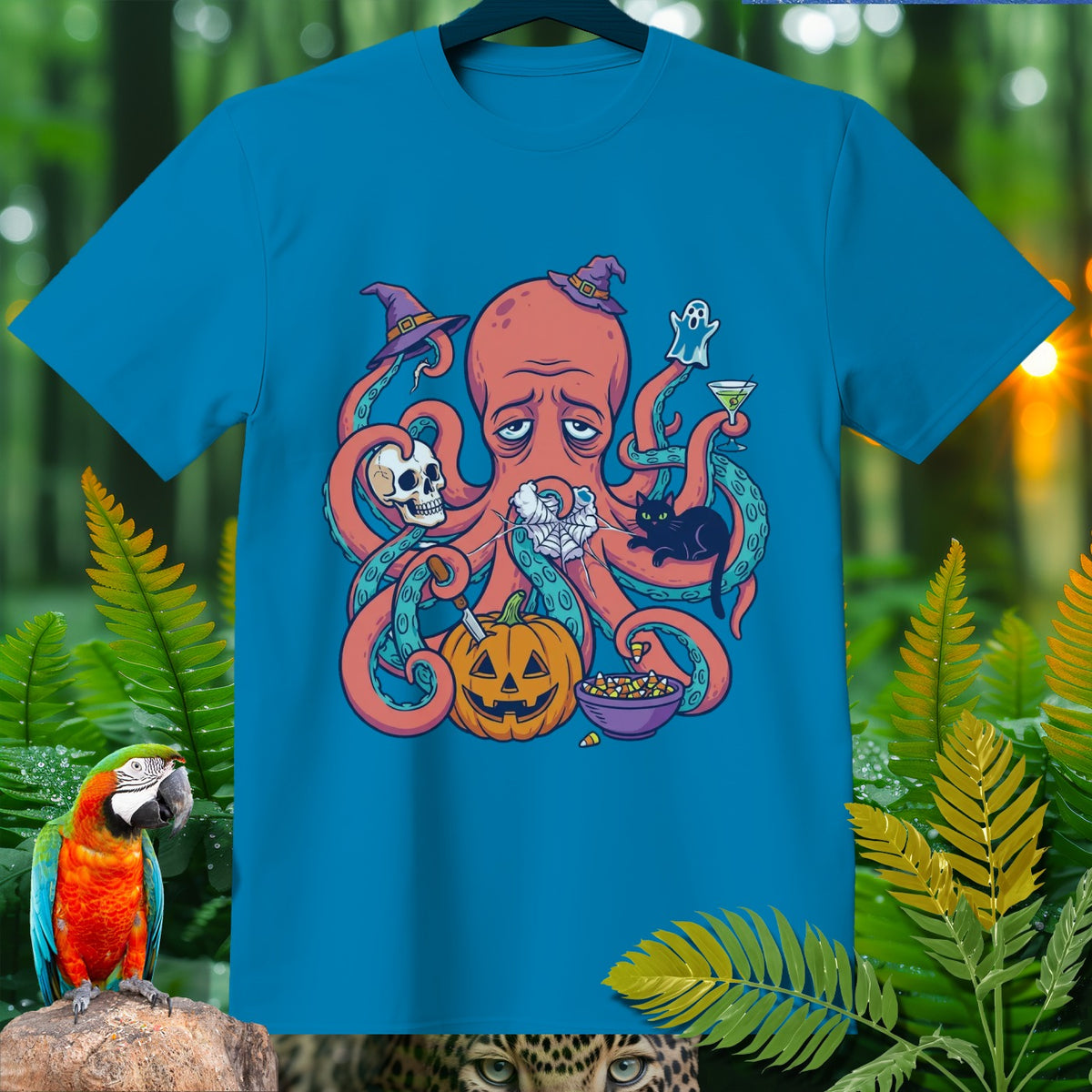 T-shirt with sad octopus wearing witch hat holding Halloween treats and spooky items.