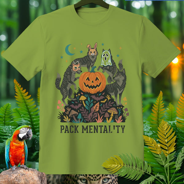 Wolves in costumes surround a pumpkin, with text "PACK MENTALITY".