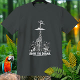 Dark t-shirt with a giraffe in sunglasses above a scene of arguing animals and the text 