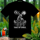 Black t-shirt with a detailed illustration of a moose in water and the text 