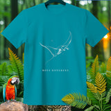 Teal t-shirt with white manta ray graphic and text 
