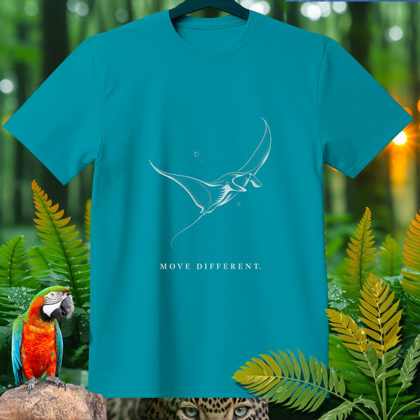 Teal t-shirt with white manta ray graphic and text "MOVE DIFFERENT."
