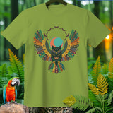Green t-shirt with a large, colorful owl design featuring intricate wings and bats.
