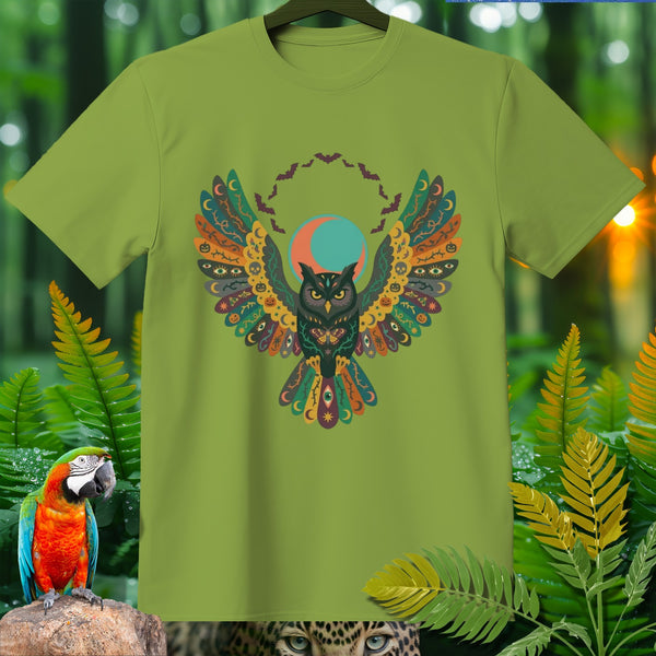 Green t-shirt with a large, colorful owl design featuring intricate wings and bats.