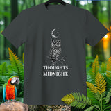 Dark gray t-shirt with owl and moon graphic, 