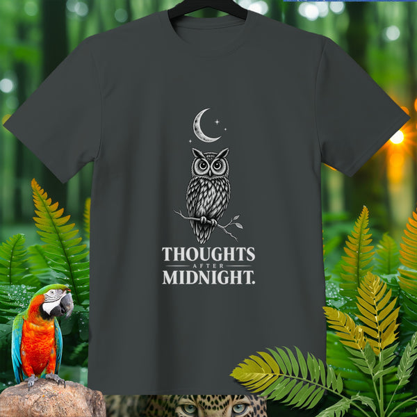 Dark gray t-shirt with owl and moon graphic, "Thoughts After Midnight." text.
