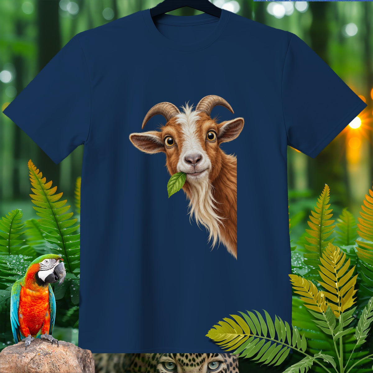 Navy blue t-shirt featuring a brown and white goat with a leaf in its mouth.