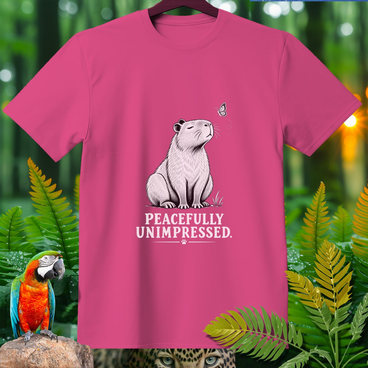 Pink t-shirt with capybara and butterfly, "PEACEFULLY UNIMPRESSED."