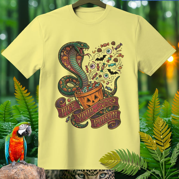 Yellow t-shirt with Halloween cobra, candy, and "Pick Your Poison" text.