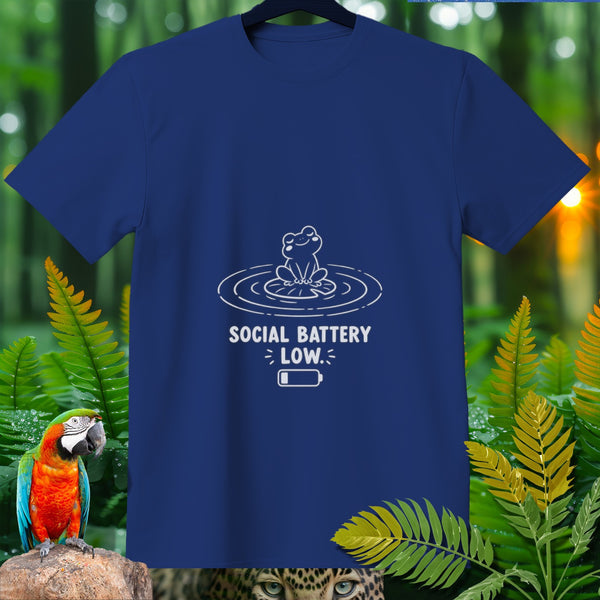 Navy t-shirt with white graphic of a frog, "SOCIAL BATTERY" and a low battery icon.
