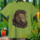 Green t-shirt with a regal lion wearing glasses and a ruffled collar.