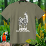 Khaki t-shirt with a white llama graphic and text 