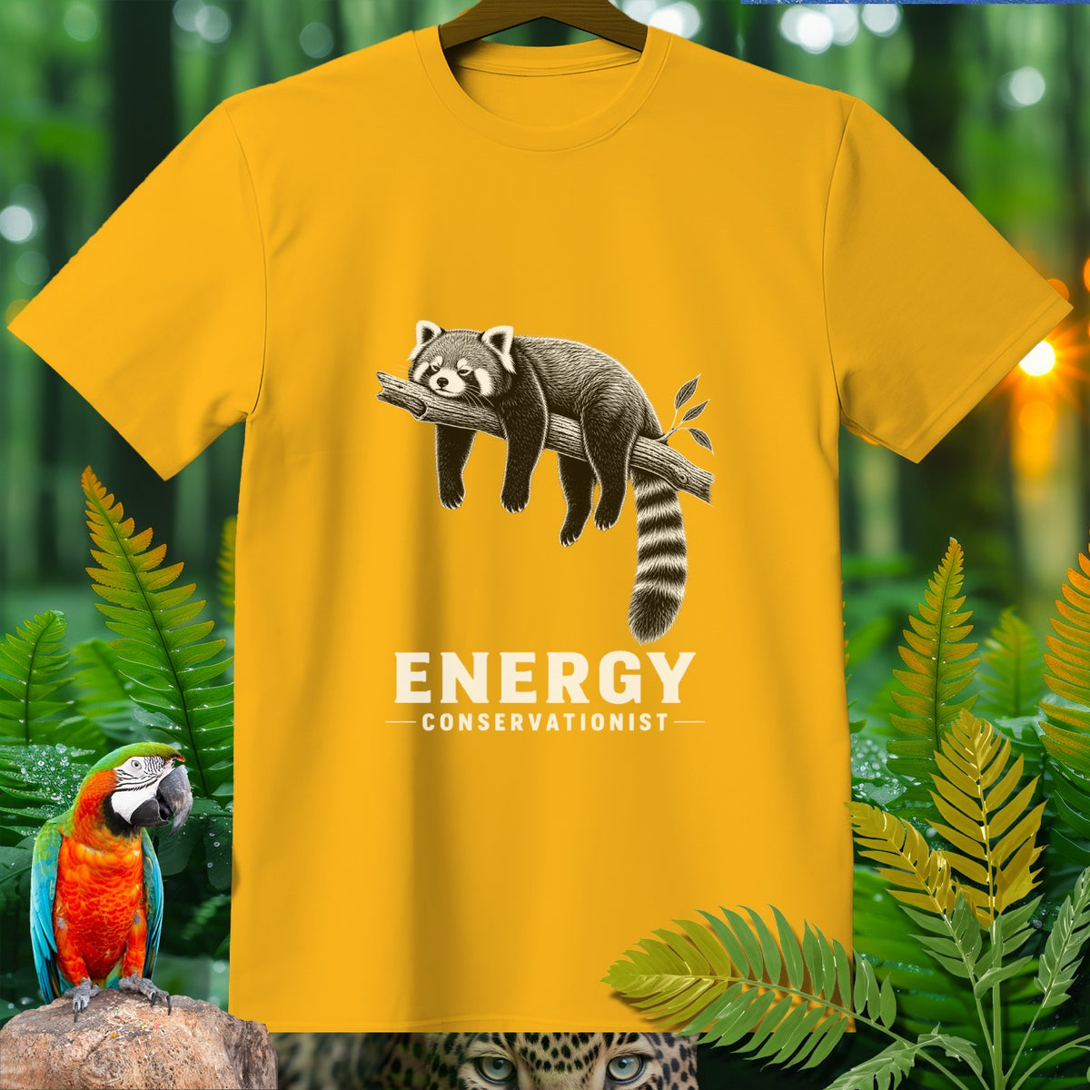 Yellow t-shirt with a red panda sleeping on a branch and "ENERGY CONSERVATIONIST" text.