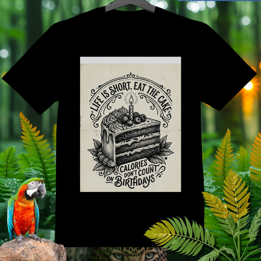 Black t-shirt with cake graphic and text "Life is Short, Eat the Cake".