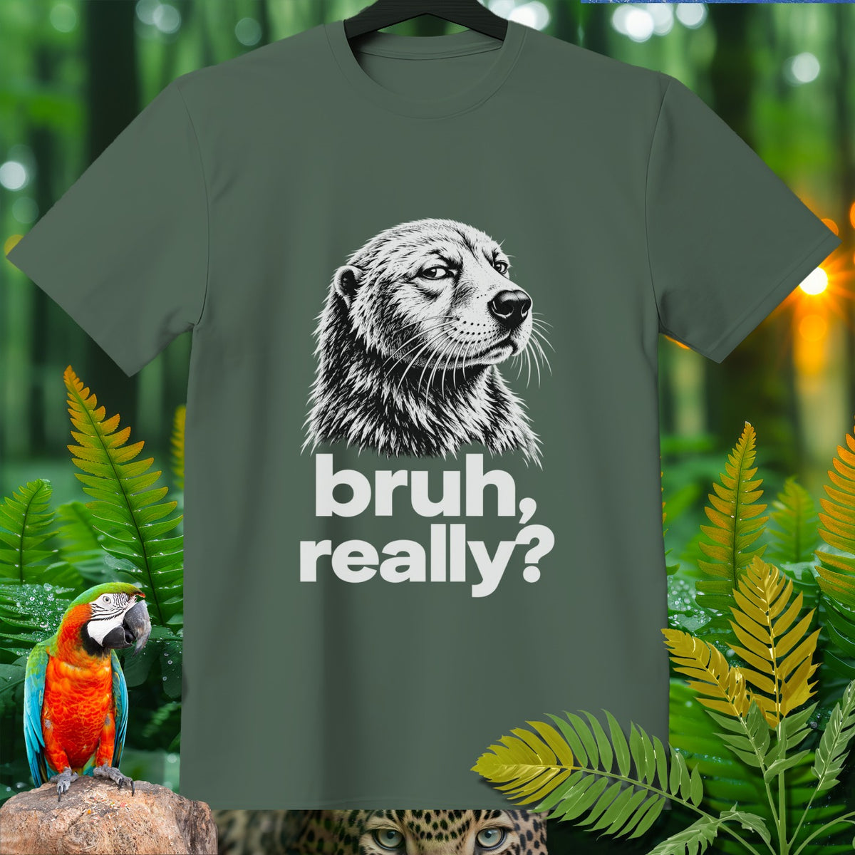 Green t-shirt with black and white drawing of a dog and text "bruh, really?".