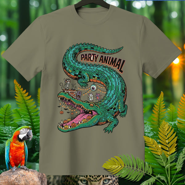 Green alligator with "PARTY ANIMAL" text, DJ skeleton, mice, and Halloween pumpkins.