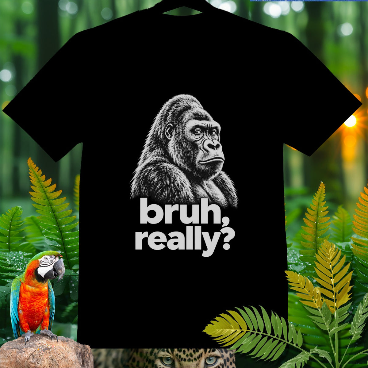 Black t-shirt with gorilla graphic and text "bruh, really?".