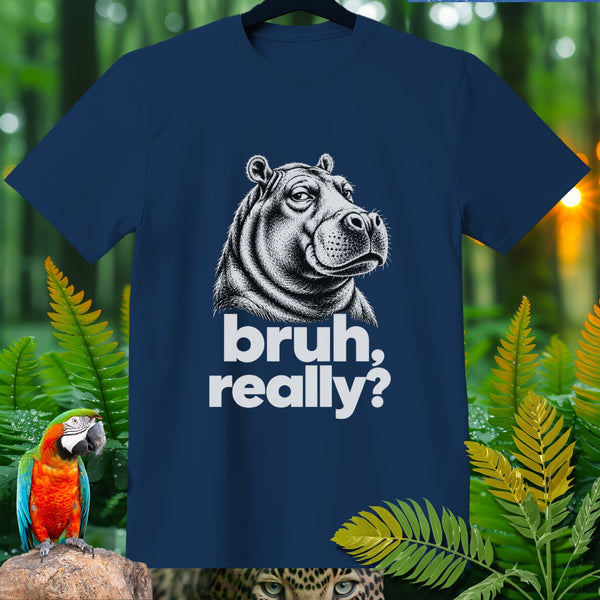 Navy t-shirt with a hippo graphic and "bruh, really?" text.
