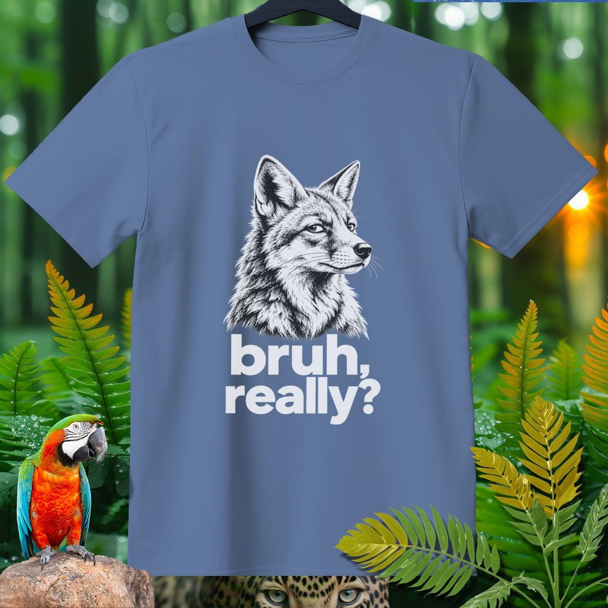 Blue t-shirt with a sketch of a fox and text "bruh, really?"