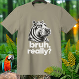 Tan t-shirt with a sketch of a hippo and the text 