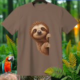 Brown t-shirt with a cute sloth peeking from the side.