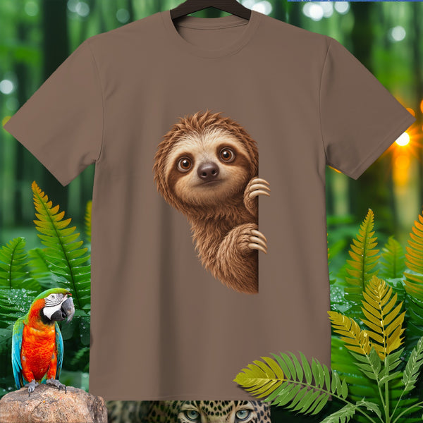 Brown t-shirt with a cute sloth peeking from the side.