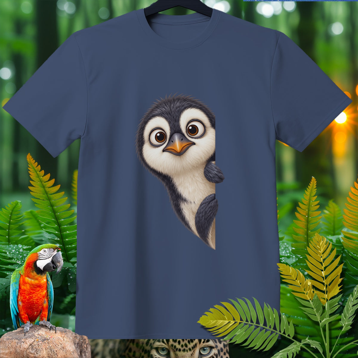 Navy t-shirt with a cartoon penguin peeking from behind.