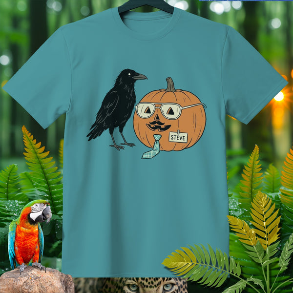 Teal t-shirt with a crow and a pumpkin named Steve wearing glasses and a tie.