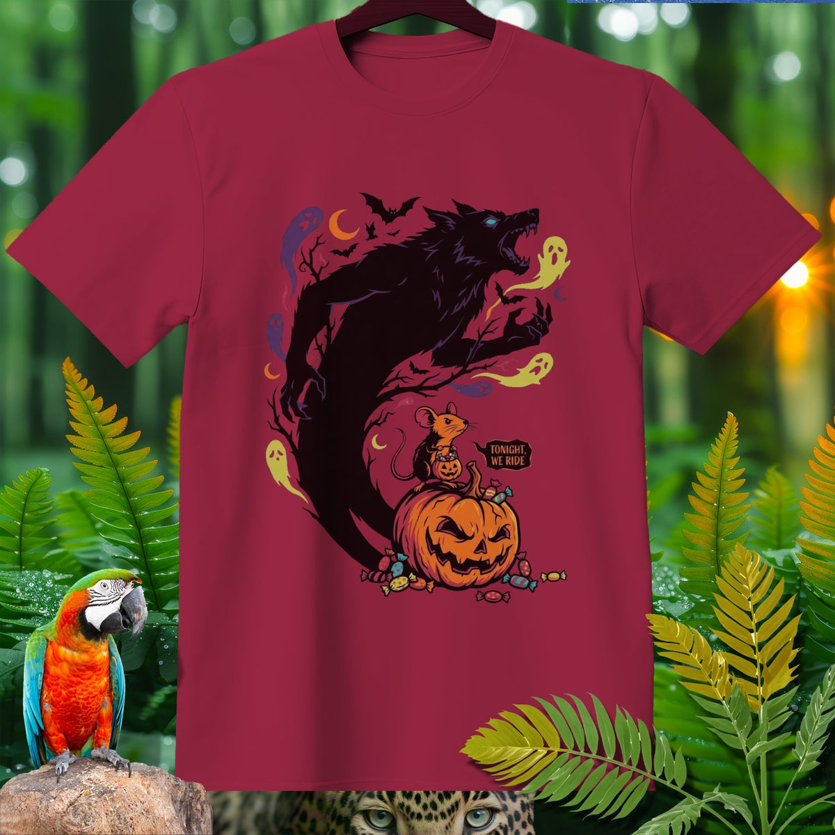 Burgundy t-shirt with Halloween graphic: werewolf, mouse, pumpkin, ghosts, and text "Tonight we ride".