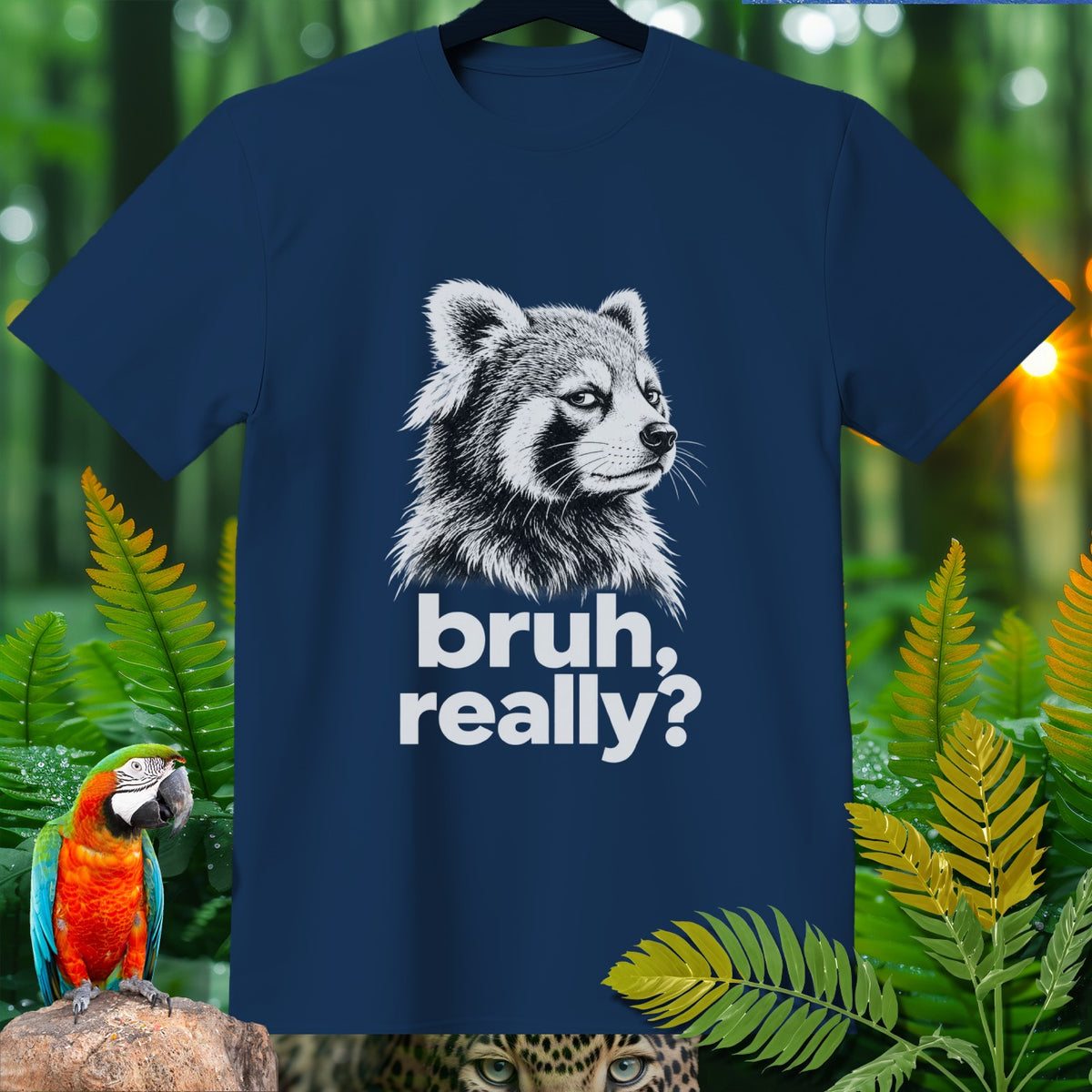Navy t-shirt with a raccoon graphic and text "bruh, really?"