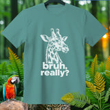 Teal t-shirt with white graphic of a giraffe's head and text 