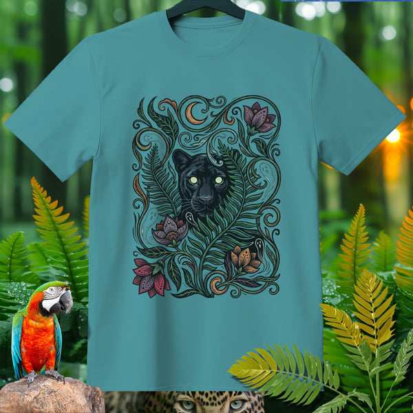 Teal t-shirt featuring a black panther illustration with floral and celestial elements.