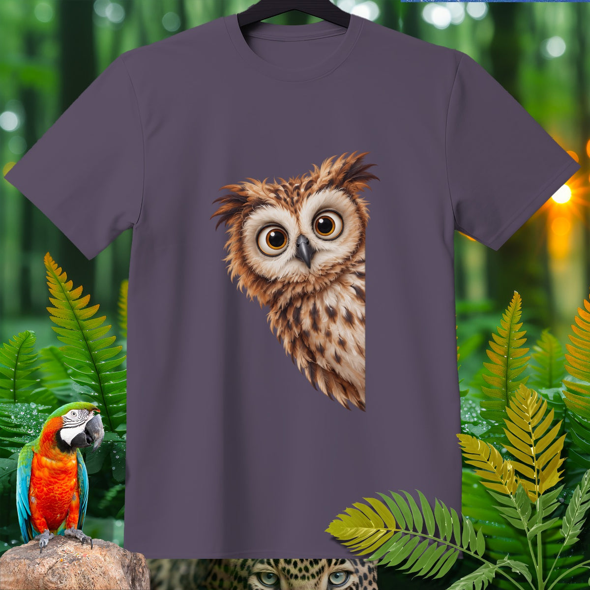 Purple t-shirt with a detailed, curious owl illustration on the left chest.