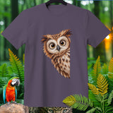 Purple t-shirt with a detailed, curious owl illustration on the left chest.