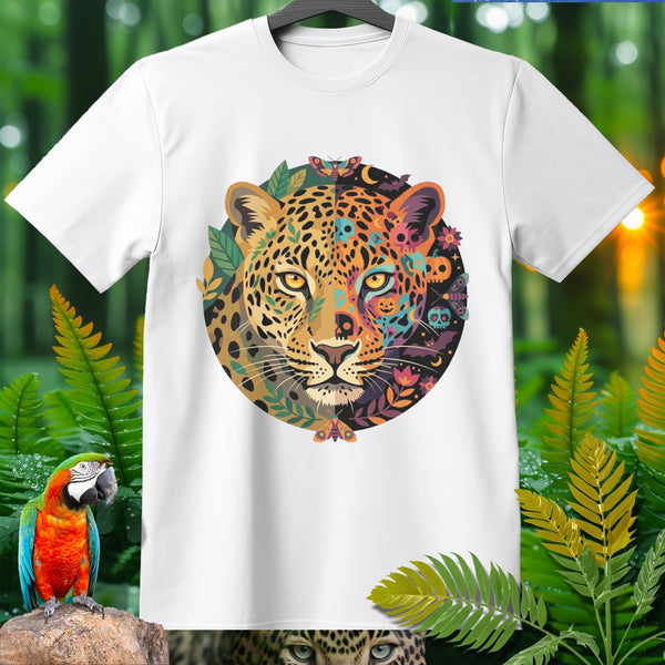 White t-shirt featuring a colorful, circular leopard face design with floral and skull elements.