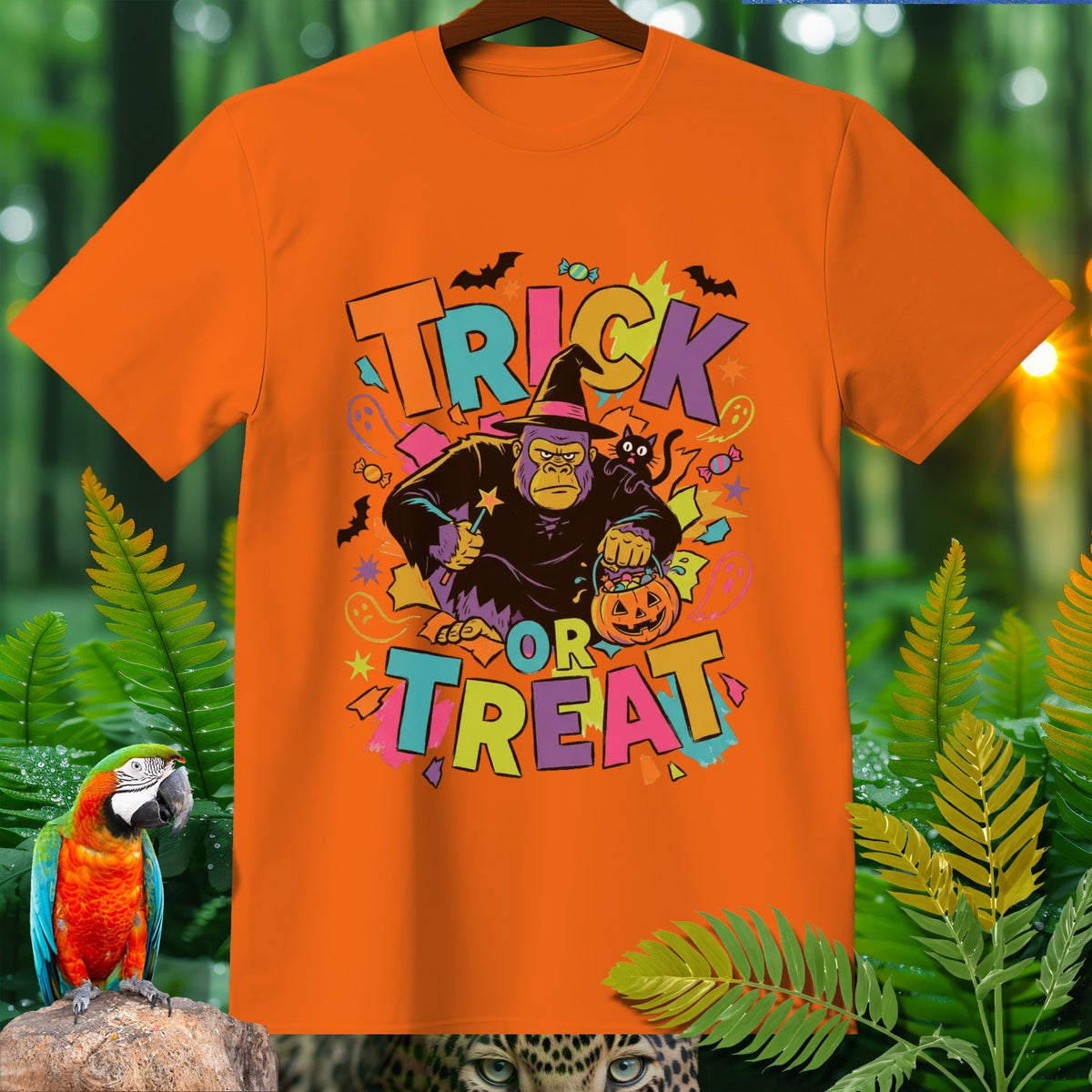 Orange t-shirt with gorilla in witch hat, black cat, and "Trick or Treat" text.