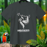 Dark grey t-shirt featuring a sloth hanging from a branch, text 