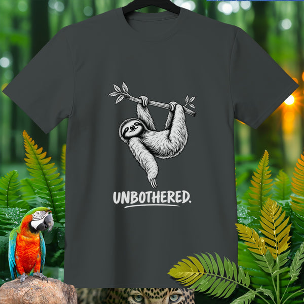 Dark grey t-shirt featuring a sloth hanging from a branch, text "UNBOTHERED" below.