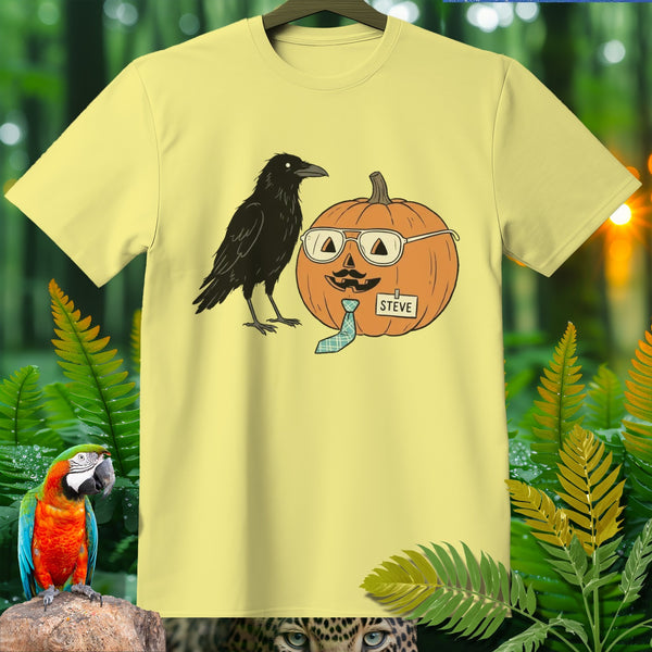 Yellow t-shirt with crow and a pumpkin wearing glasses and a tie named Steve.
