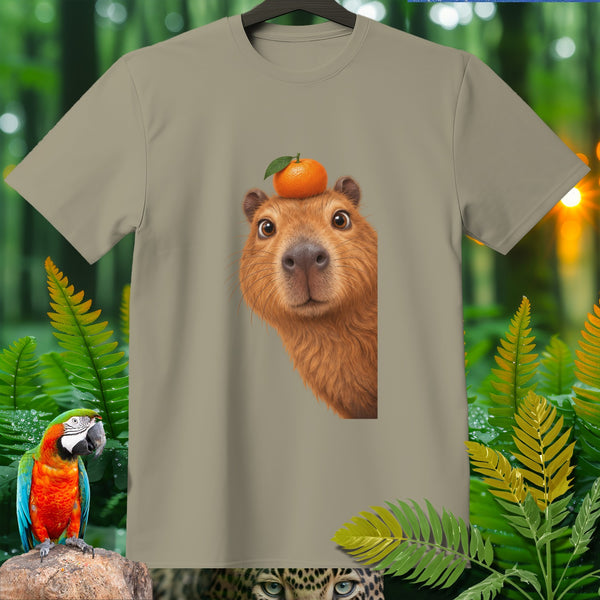 T-shirt with a capybara wearing an orange on its head, surrounded by jungle foliage.
