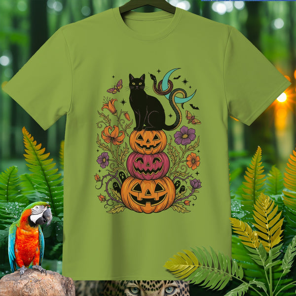 Black cat on stacked pumpkins with snake, moon, and butterflies Halloween graphic.