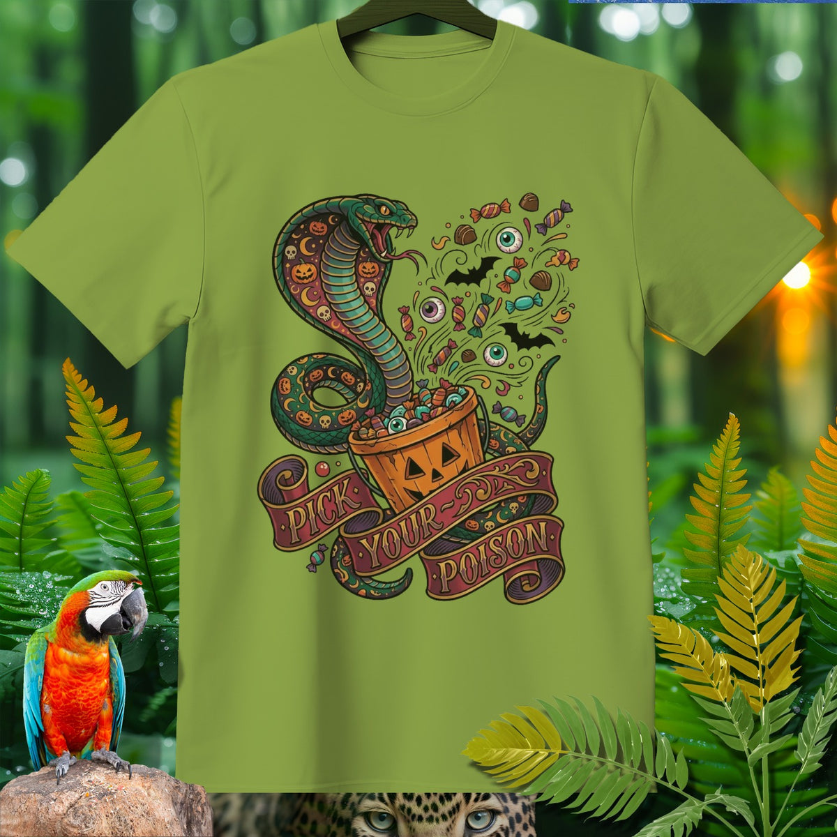 Green t-shirt with a Halloween cobra design and the text "Pick Your Poison."
