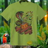 Green t-shirt with a Halloween cobra design and the text 