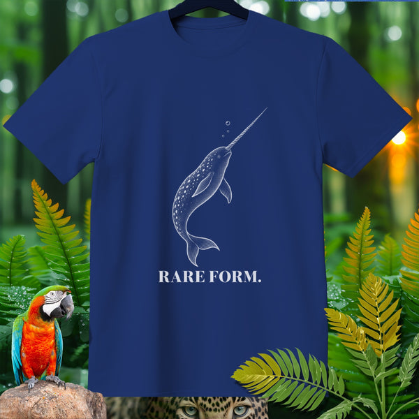 Navy t-shirt with a white narwhal graphic and "RARE FORM." text.