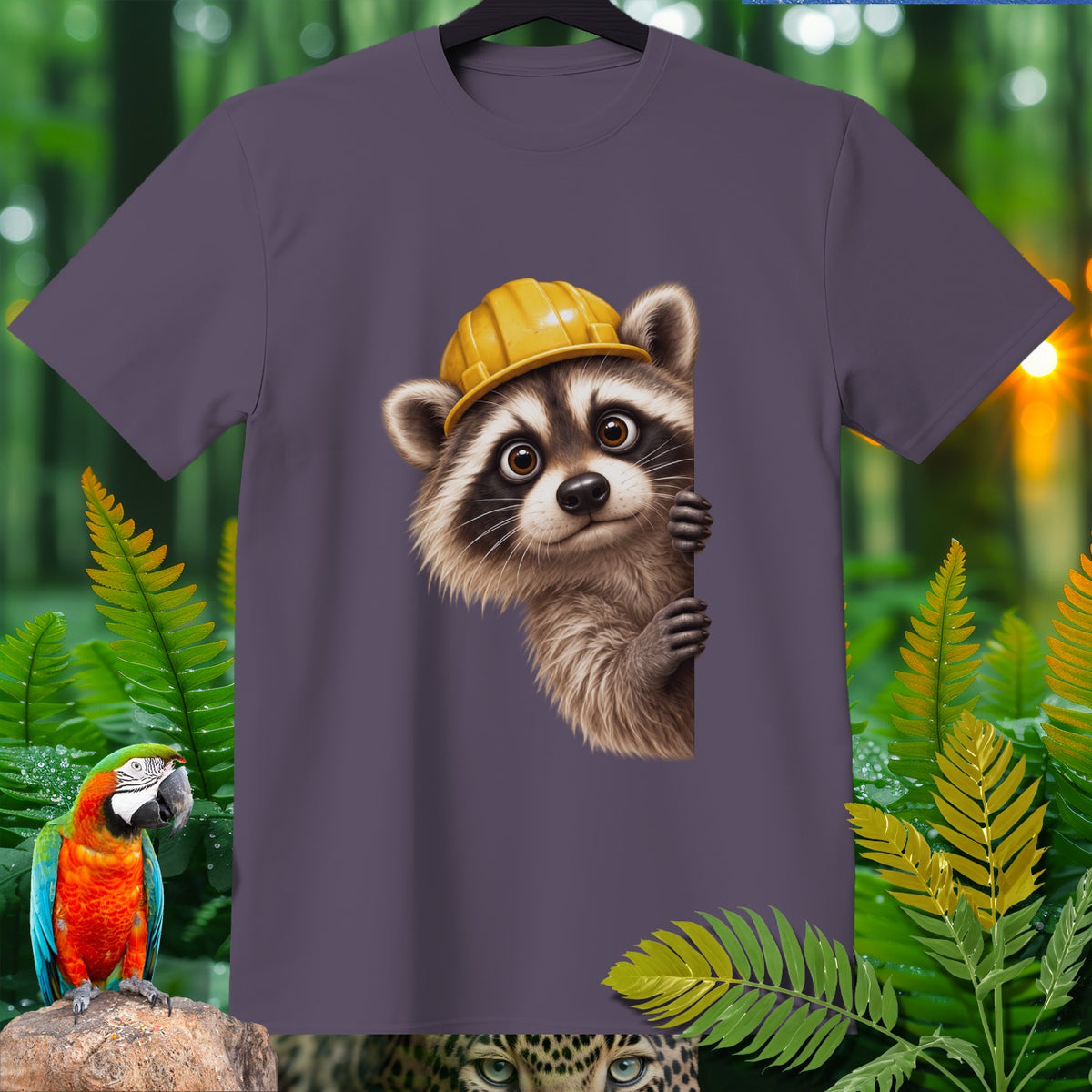 T-shirt with cartoon raccoon wearing a yellow hard hat, peeking from behind.