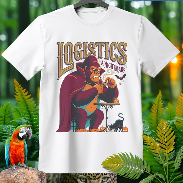 White t-shirt with "Logistics A Nightmare" text, gorilla, cat, and pumpkins.