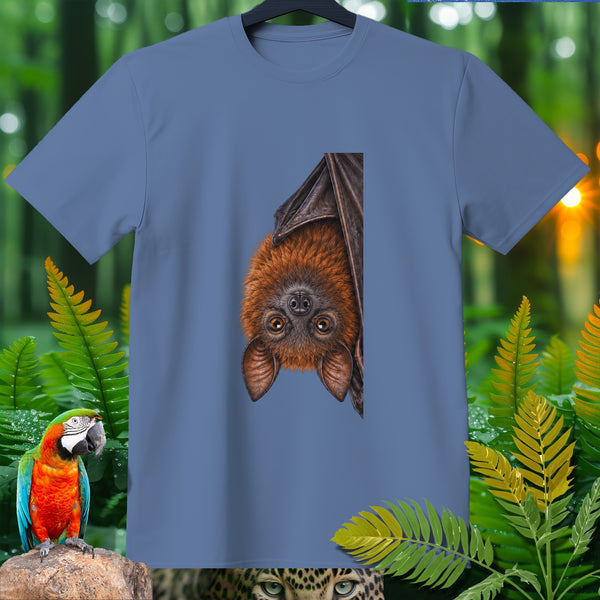 Blue t-shirt with a close-up illustration of a fruit bat hanging upside down.
