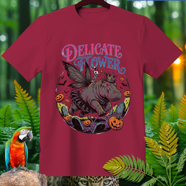 "Delicate Flower" text above a fairy hippo wearing a crown and skirt.