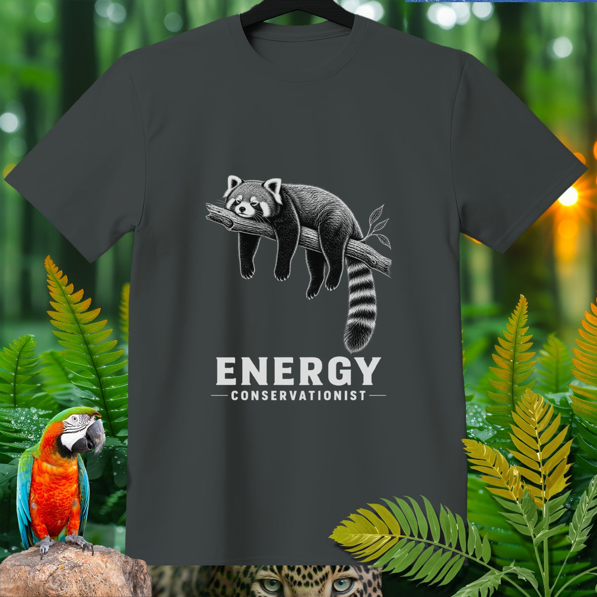 Dark gray t-shirt with a red panda illustration and text "ENERGY CONSERVATIONIST".